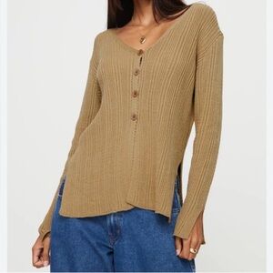 Princess Polly Lexie Knit Cardigan Size S/M Tan Button Front Split Hem